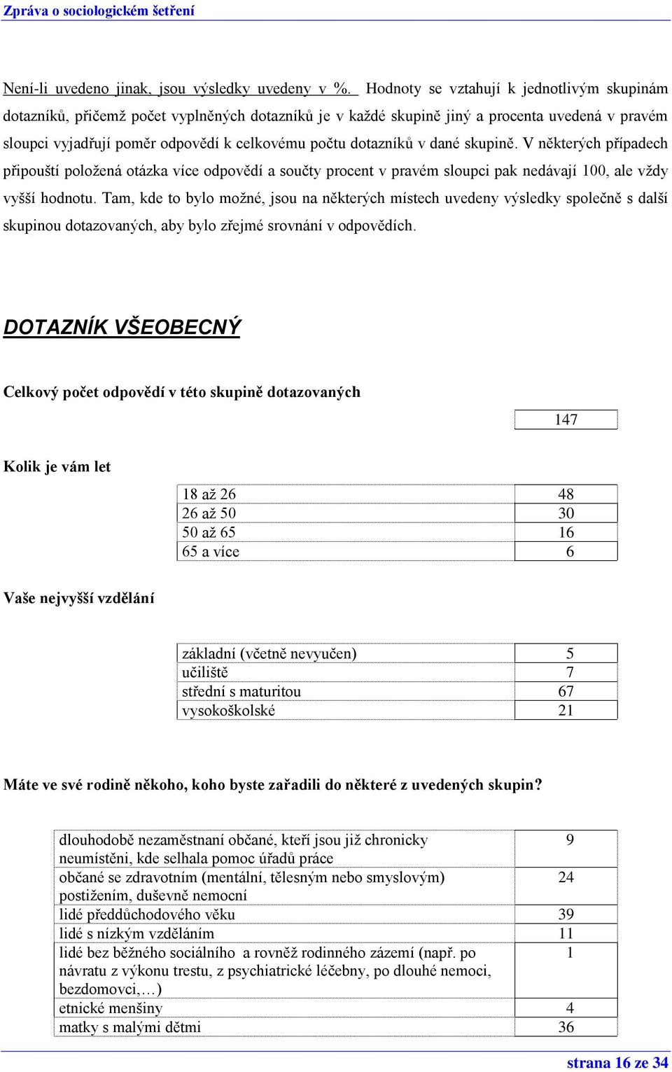 dotazníků v dané skupině. V některých případech připouští položená otázka více odpovědí a součty procent v pravém sloupci pak nedávají 100, ale vždy vyšší hodnotu.