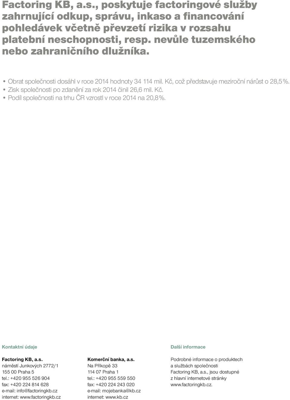 Kontaktní údaje Factoring KB, a.s. náměstí Junkových 2772/1 155 00 Praha 5 tel.: +420 955 526 904 fax: +420 224 814 628 e-mail: info@factoringkb.cz internet: www.factoringkb.cz Komerční banka, a.s. Na Příkopě 33 114 07 Praha 1 tel.
