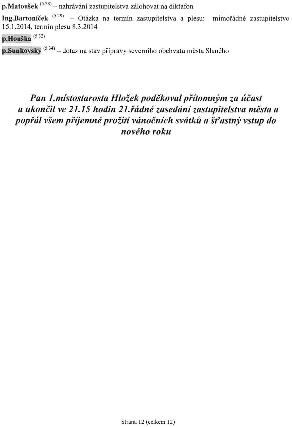 .1.2014, termín plesu 8.3.2014 Pan ].místostarosta Hložek poděkoval přítomným za účast a ukončil ve 21.