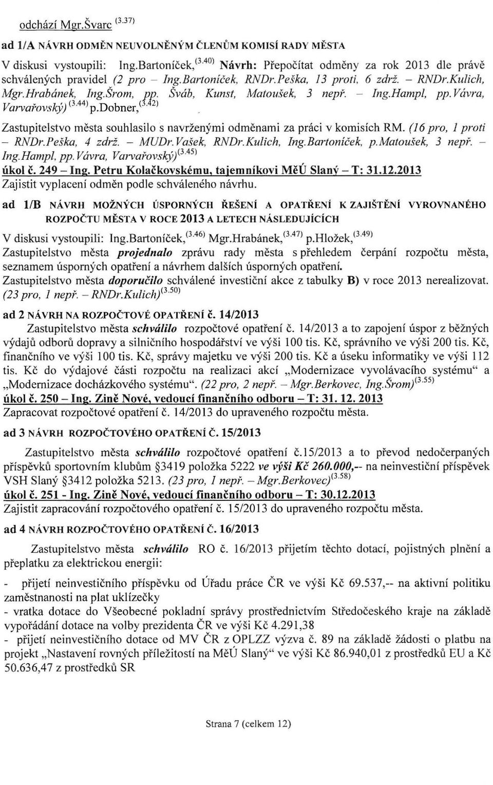 Šrom, ffz' Šváb, Kunst, Matoušek, 3 nepř. - lng.hampl, pp. Vávra, Varvařovský) C 3.4 4 >p.dobner,< 2 > _ Zastupitelstvo města souhlasilo s navrženými odměnami za práci v komisích RM.