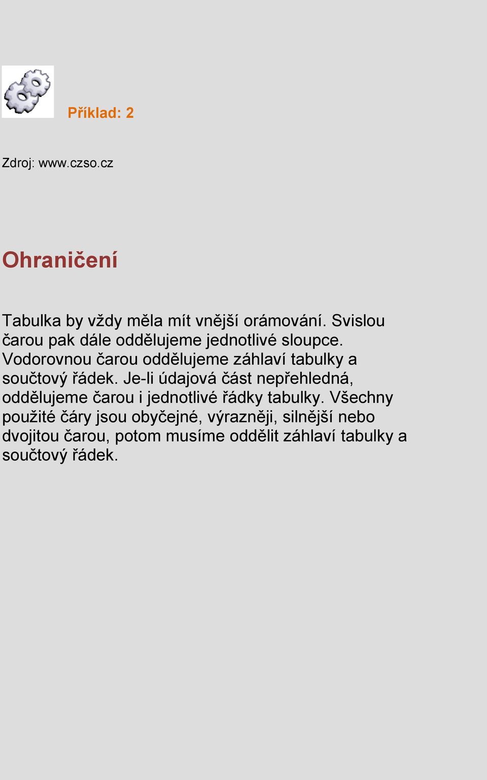 Vodorovnou čarou oddělujeme záhlaví tabulky a součtový řádek.