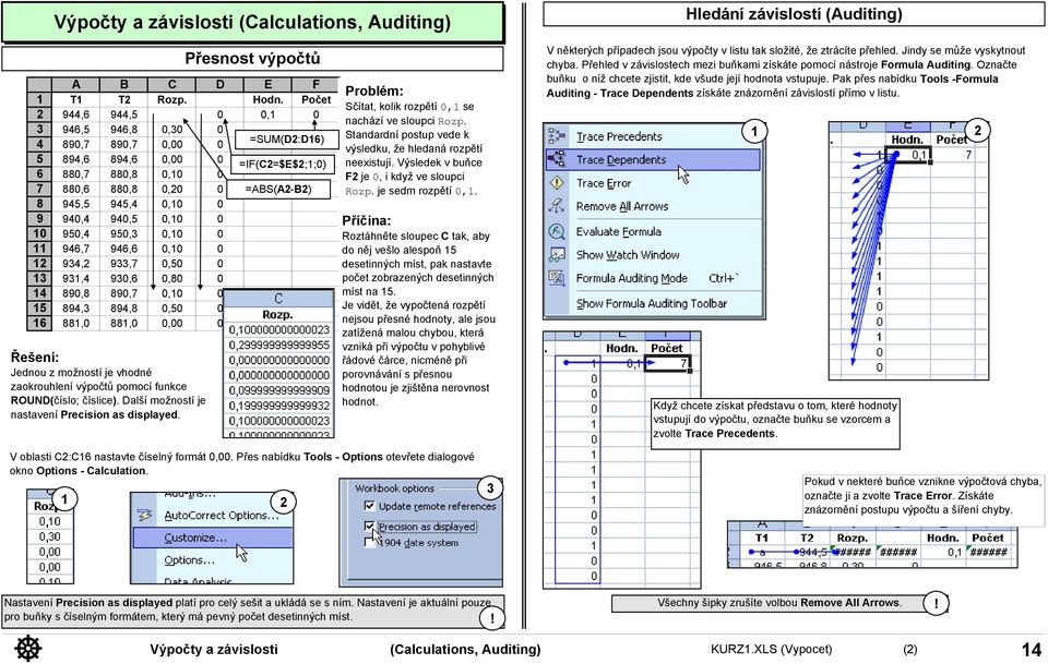 88,, Jednou z možností je vhodné zaokrouhlení výpočtů pomocí funkce ROUND(číslo; číslice). Další možností je nastavení Precision as displayed.