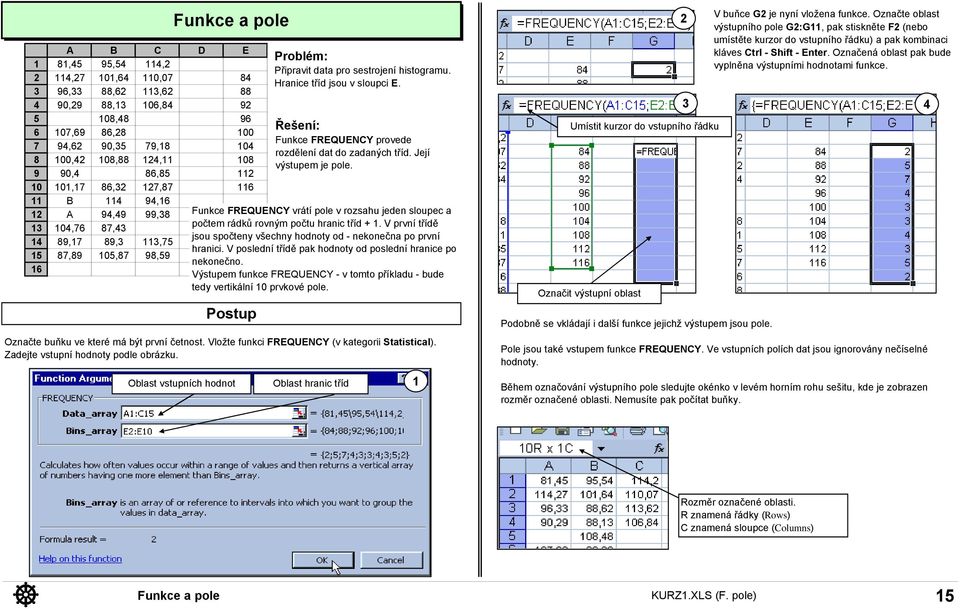 Funkce FREQUENCY vrátí pole v rozsahu jeden sloupec a počtem rádků rovným počtu hranic tříd +. V první třídě jsou spočteny všechny hodnoty od - nekonečna po první hranici.