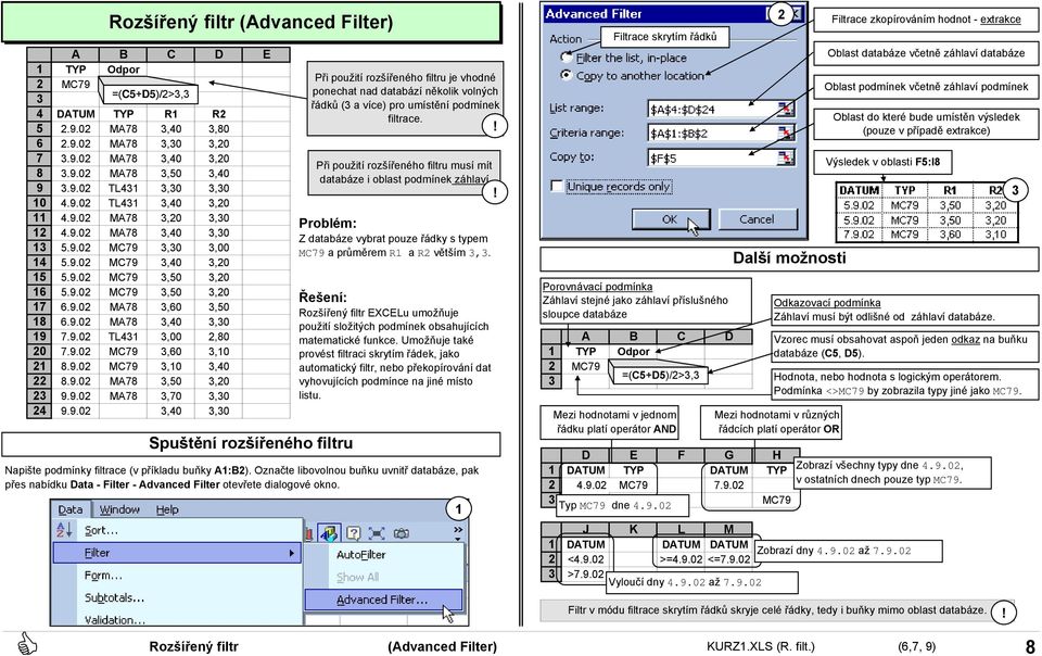 9. MC79,, MC79 a průměrem R a R větším,. 5.9. MC79,, 5 5.9. MC79,5, Porovnávací podmínka 6 5.9. MC79,5, Záhlaví stejné jako záhlaví příslušného 7 6.9. MA78,6,5 Rozšířený filtr EXCELu umožňuje sloupce databáze 8 6.