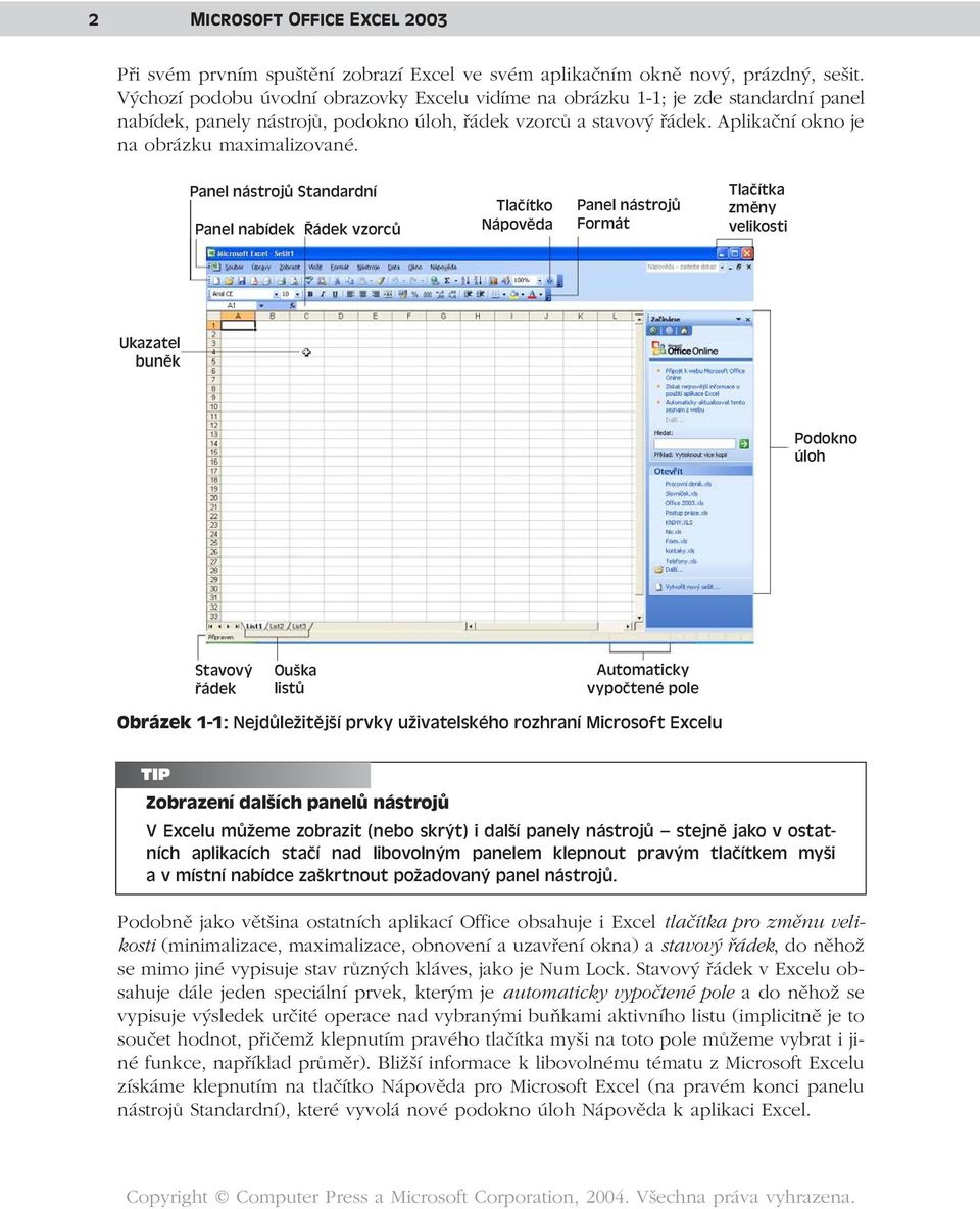 Panel nástrojů Standardní Panel nabídek Řádek vzorců Tlačítko Nápověda Panel nástrojů Formát Tlačítka změny velikosti Ukazatel buněk Podokno úloh Stavový řádek Ouška listů Automaticky vypočtené pole