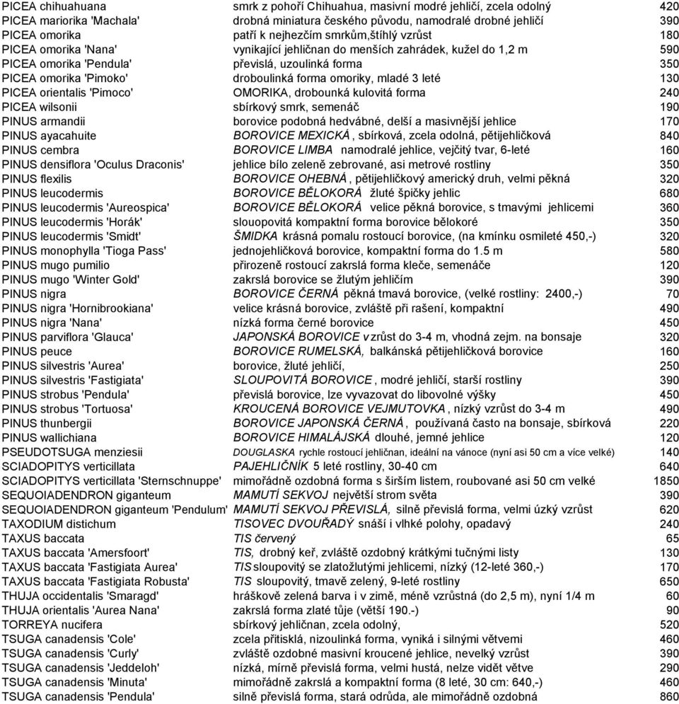 droboulinká forma omoriky, mladé 3 leté 130 PICEA orientalis 'Pimoco' OMORIKA, drobounká kulovitá forma 240 PICEA wilsonii sbírkový smrk, semenáč 190 PINUS armandii borovice podobná hedvábné, delší a
