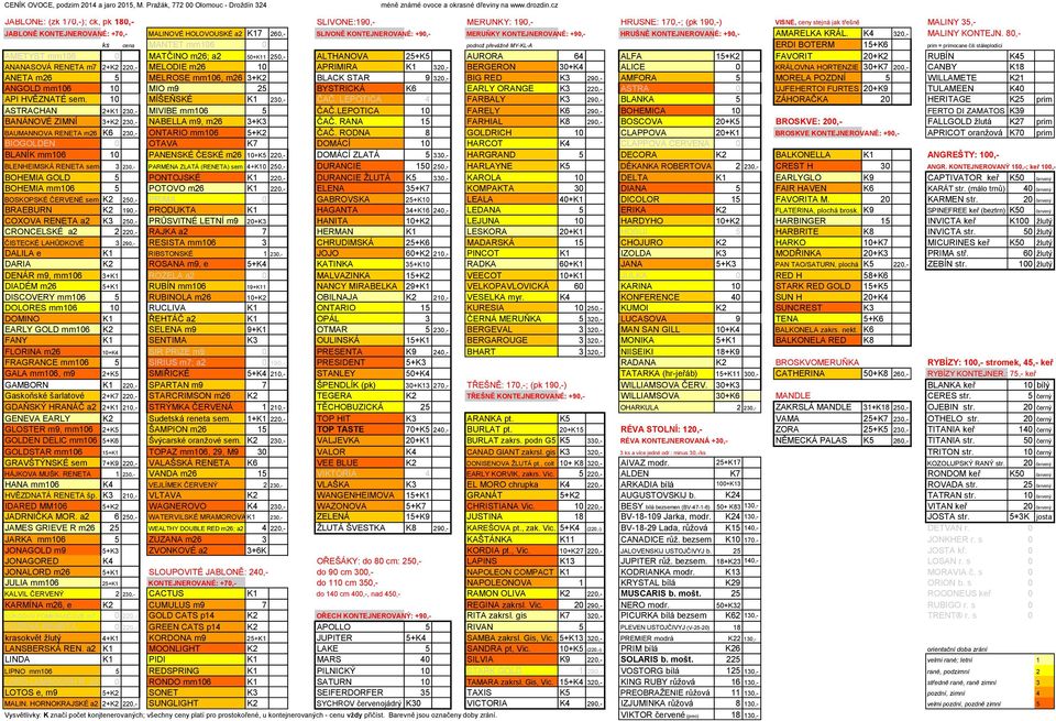 SLIVONĚ KONTEJNEROVANÉ: +90,- MERUŇKY KONTEJNEROVANÉ: +90,- HRUŠNĚ KONTEJNEROVANÉ: +90,- AMARELKA KRÁL. K4 320,- MALINY KONTEJN.