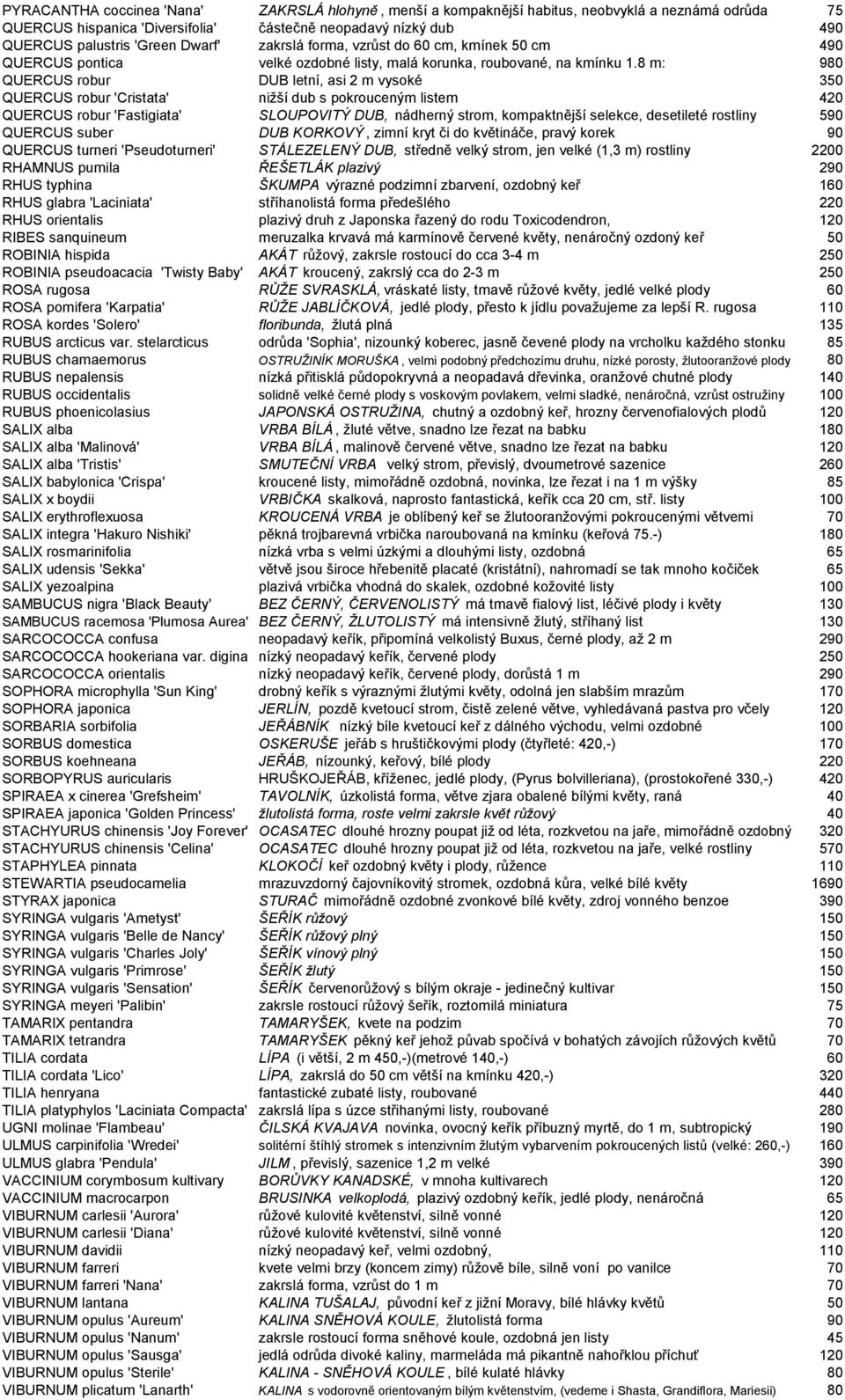 8 m: 980 QUERCUS robur DUB letní, asi 2 m vysoké 350 QUERCUS robur 'Cristata' niţší dub s pokrouceným listem 420 QUERCUS robur 'Fastigiata' SLOUPOVITÝ DUB, nádherný strom, kompaktnější selekce,