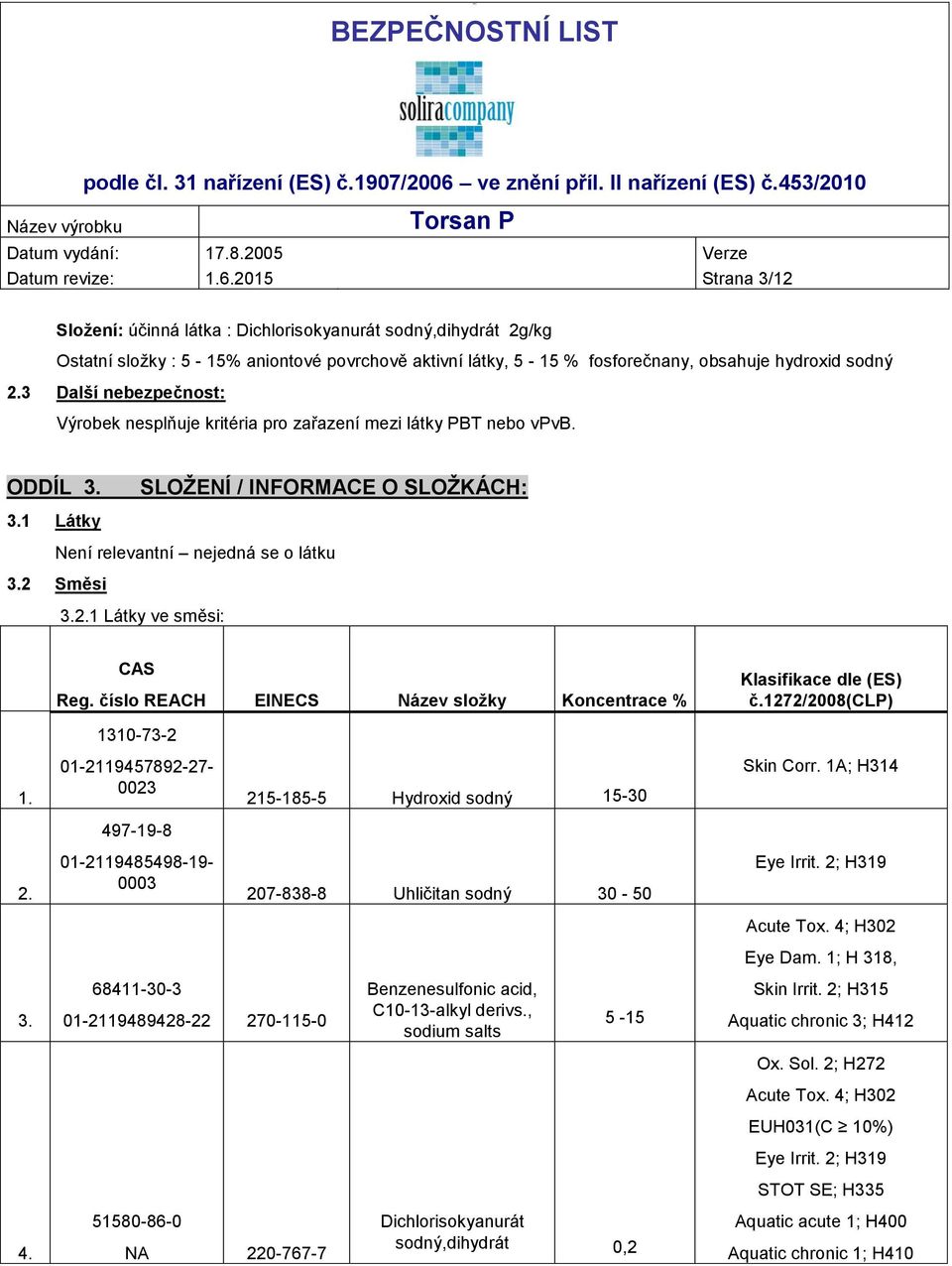 3 Další nebezpečnost: Výrobek nesplňuje kritéria pro zařazení mezi látky PBT nebo vpvb. ODDÍL 3. SLOŽENÍ / INFORMACE O SLOŽKÁCH: 3.1 Látky Není relevantní nejedná se o látku 3.2 