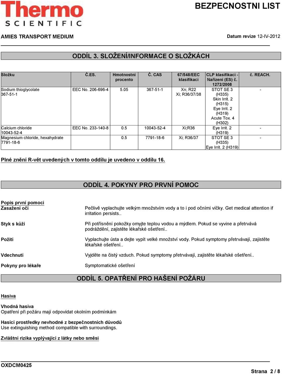 4 (H302) EEC No. 233-140-8 0.5 10043-52-4 Xi;R36 Eye Irrit. 2 (H319) 0.5 7791-18-6 Xi; R36/37 STOT SE 3 (H335) Eye Irrit. 2 (H319) č. REACH.