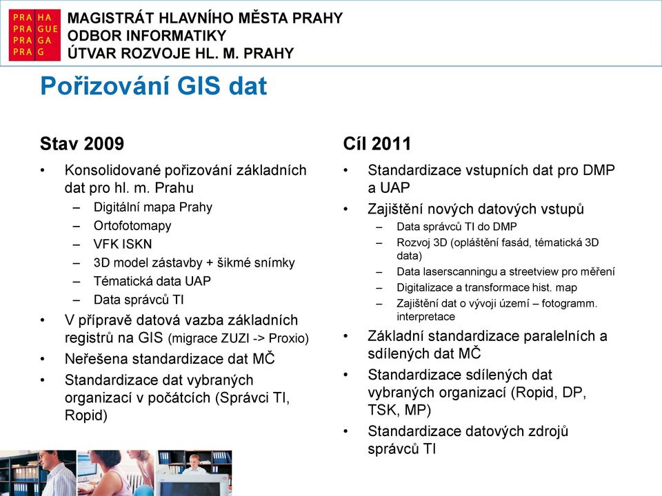 Neřešena standardizace dat MČ Standardizace dat vybraných organizací v počátcích (Správci TI, Ropid) Cíl 2011 Standardizace vstupních dat pro DMP a UAP Zajištění nových datových vstupů Data správců