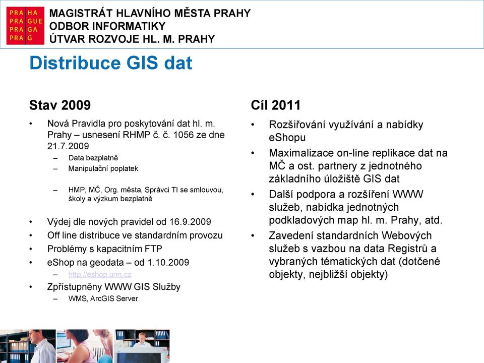 2009 http://eshop.urm.cz Zpřístupněny WWW GIS Služby WMS, ArcGIS Server Cíl 2011 Rozšiřování využívání a nabídky eshopu Maximalizace on-line replikace dat na MČ a ost.