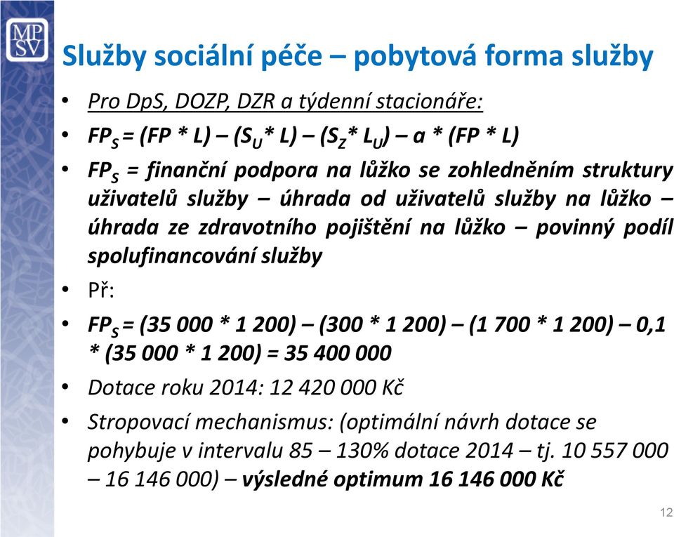 povinný podíl spolufinancování služby Př: FP S = (35 000 * 1 200) (300 * 1 200) (1 700 * 1 200) 0,1 * (35 000 * 1 200) = 35 400 000 Dotace roku 2014: