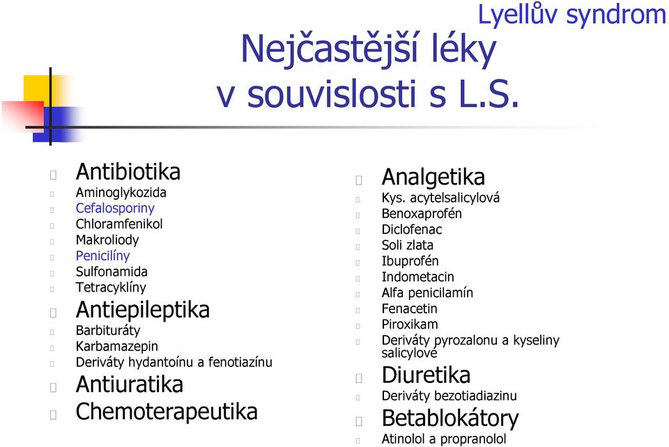 Antiepileptika Barbituráty Karbamazepin Deriváty hydantoínu a fenotiazínu Antiuratika Chemoterapeutika Analgetika Kys.