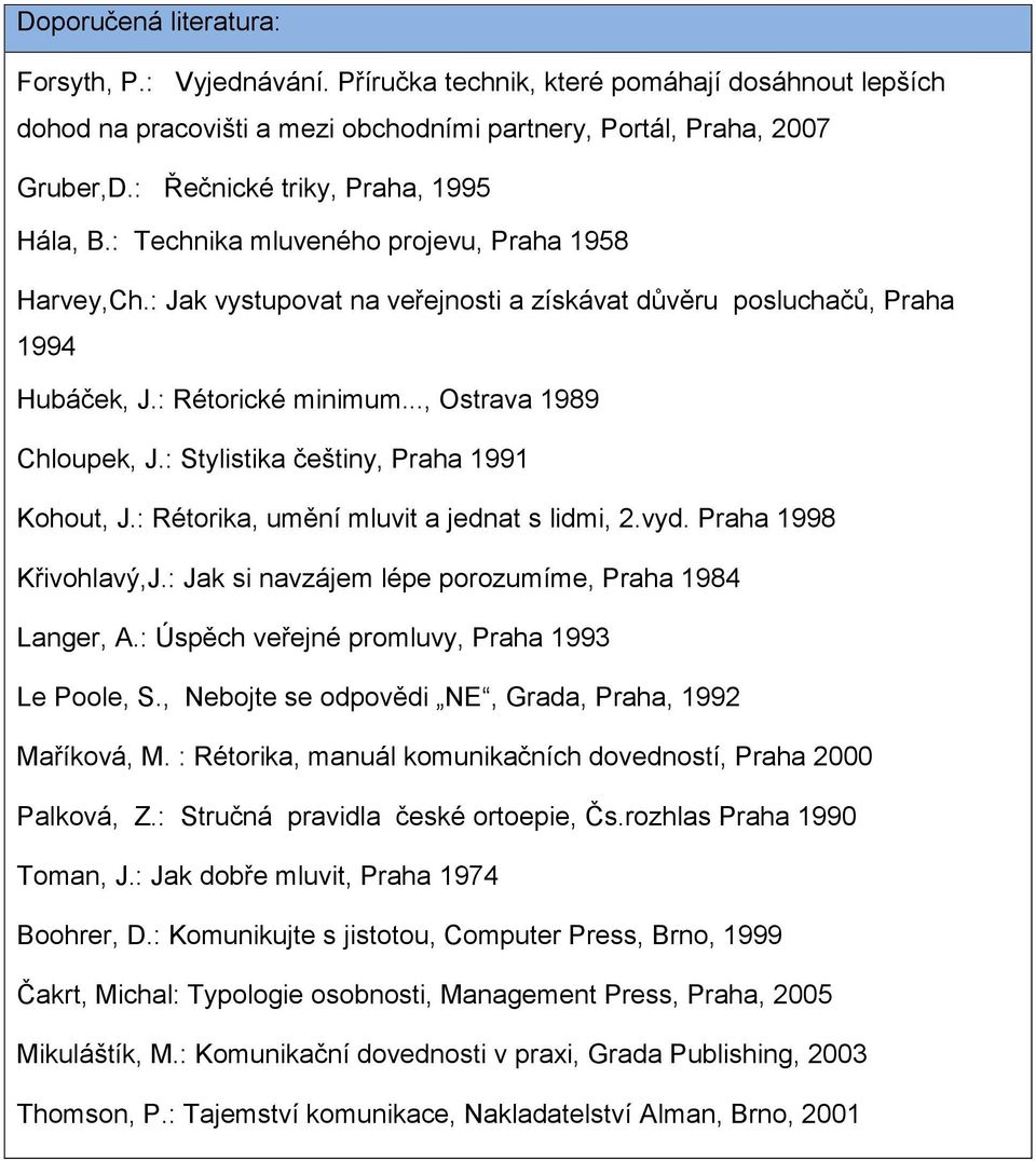 .., Ostrava 1989 Chloupek, J.: Stylistika češtiny, Praha 1991 Kohout, J.: Rétorika, umění mluvit a jednat s lidmi, 2.vyd. Praha 1998 Křivohlavý,J.