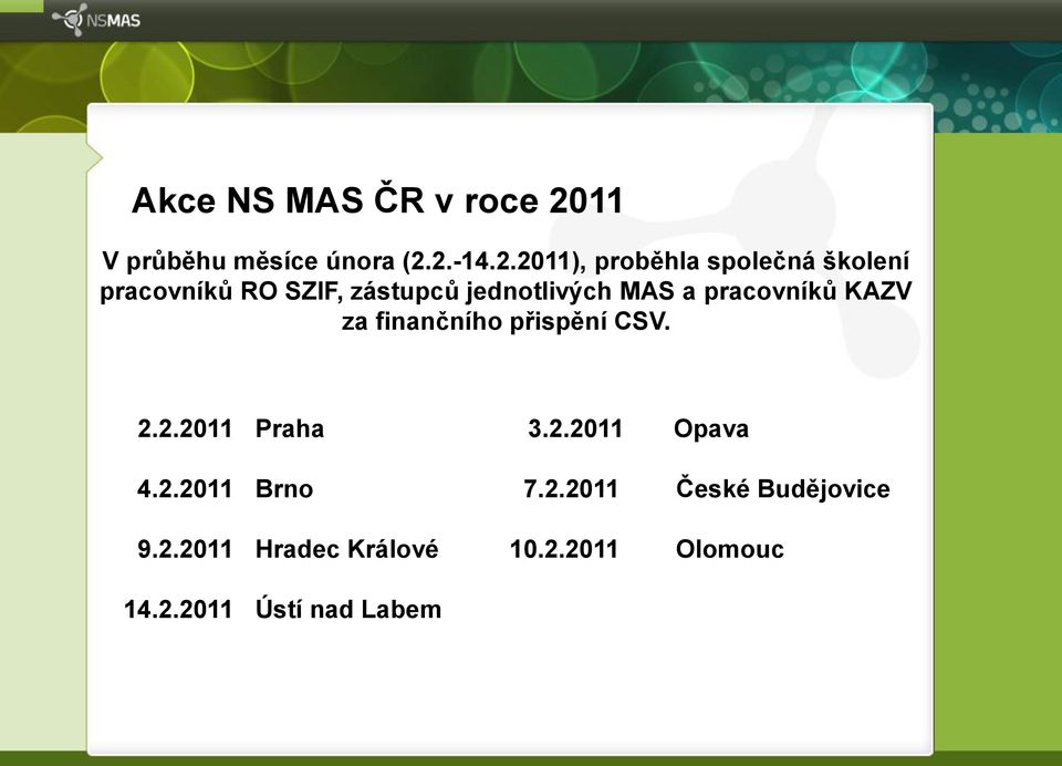 2.-14.2.2011), proběhla společná školení pracovníků RO SZIF, zástupců