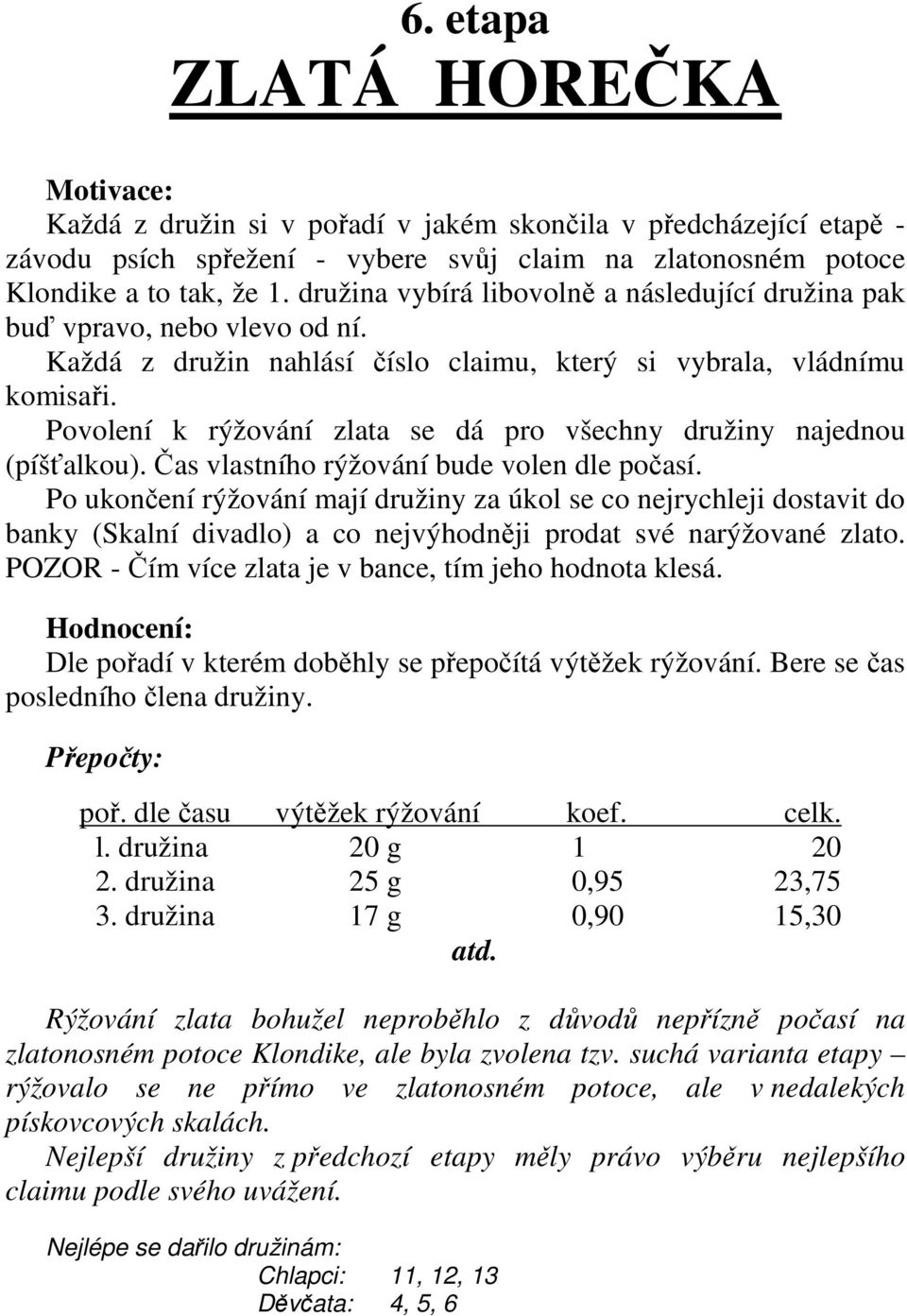 Povolení k rýžování zlata se dá pro všechny družiny najednou (píšťalkou). Čas vlastního rýžování bude volen dle počasí.