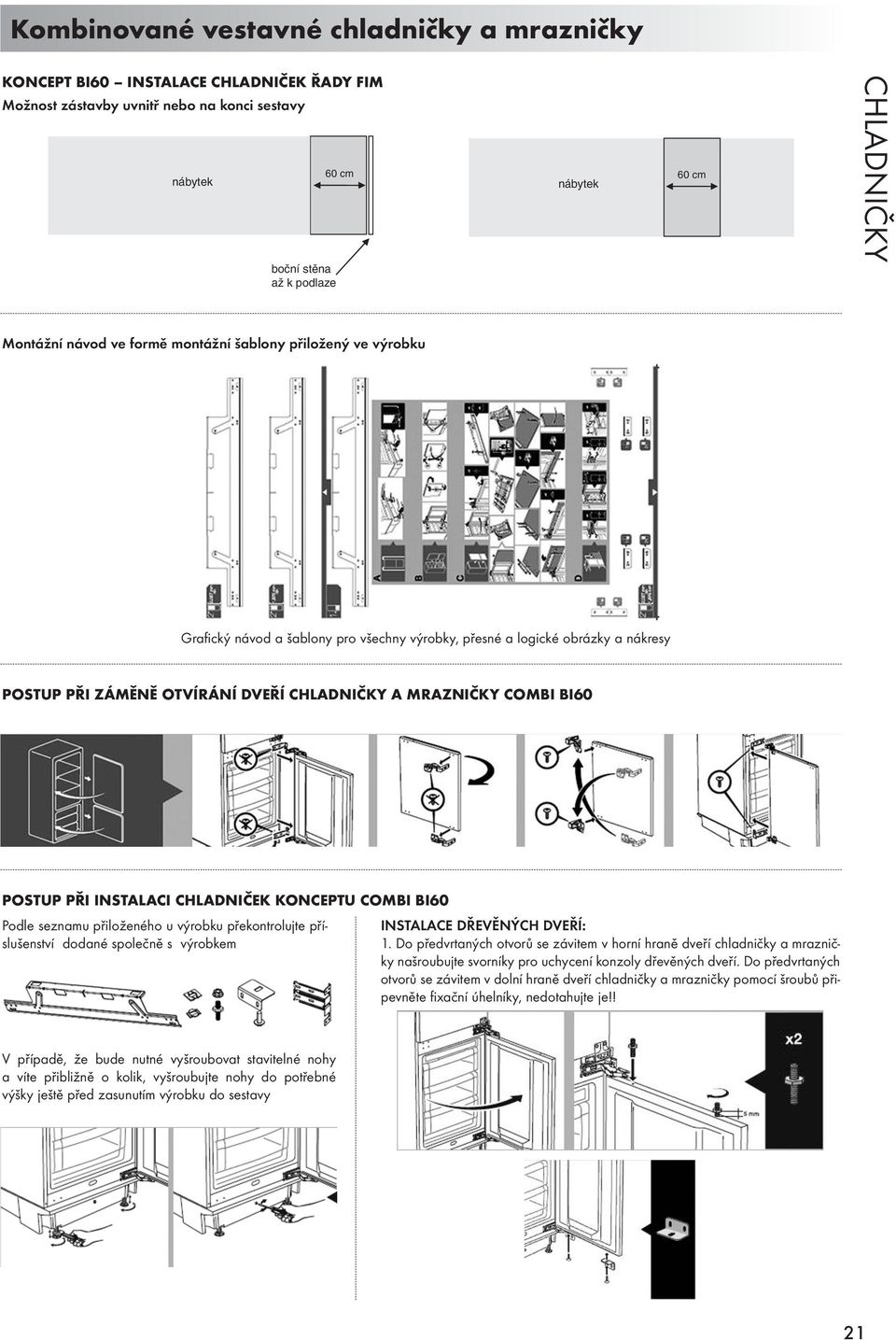 PŘI INSTALACI CHLADNIČEK KONCEPTU COMBI BI60 Podle seznamu přiloženého u výrobku překontrolujte příslušenství dodané společně s výrobkem INSTALACE DŘEVĚNÝCH DVEŘÍ: 1.