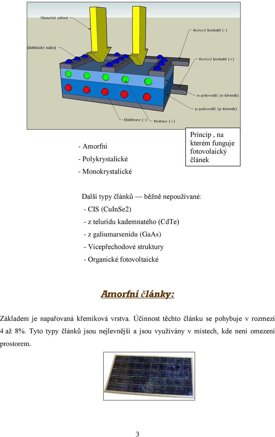 struktury - Organické fotovoltaické Amorfní články: Základem je napařovaná křemíková vrstva.