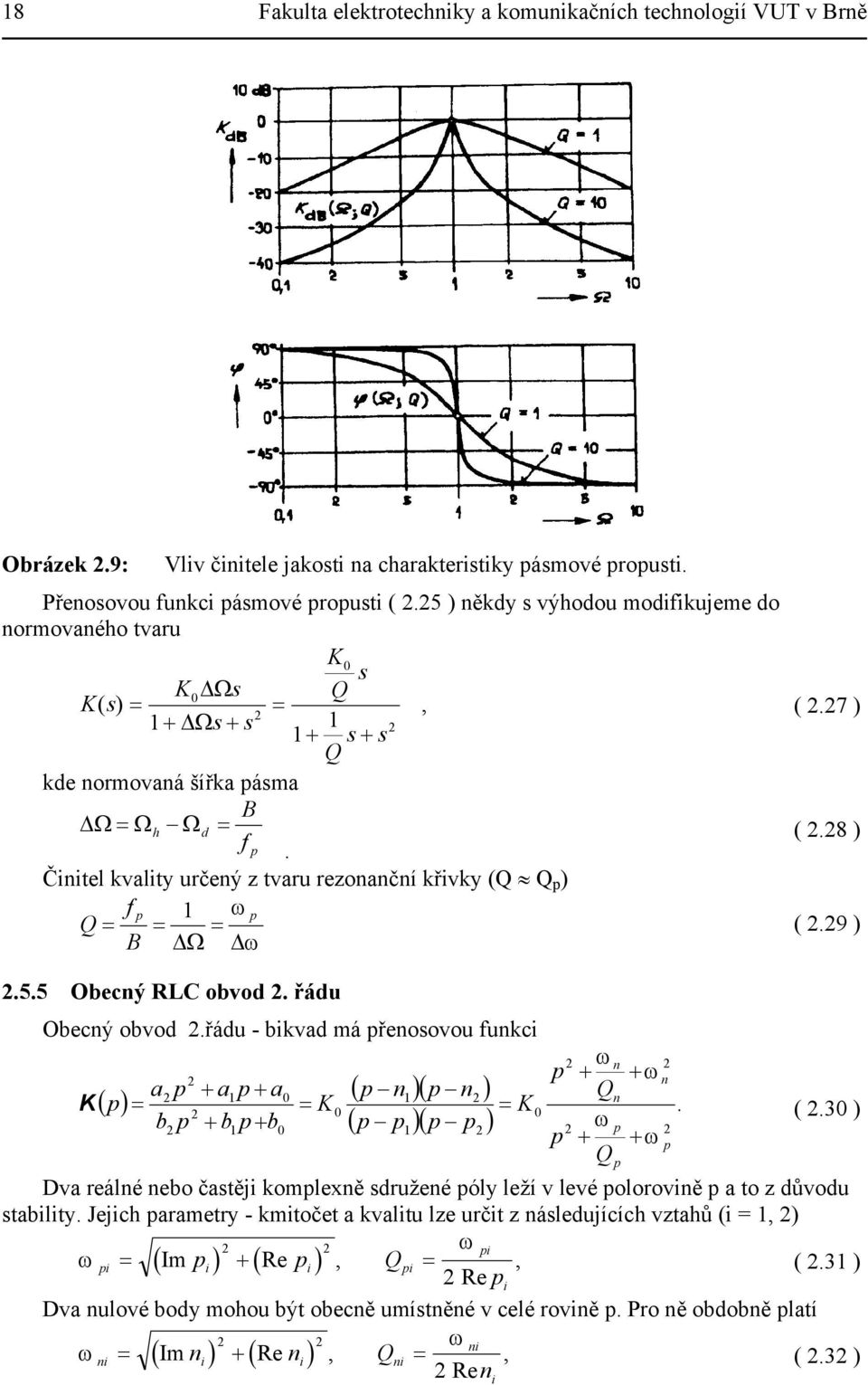 7 ) (.8 ) (.9 ).5.5 Obecný RLC obvod. řádu Obecný obvod.řádu - bikvad má řenosovou funkci n + + n a + a + a ( ) ( n )( n ) Qn K K K. b b b ( )( ) (.