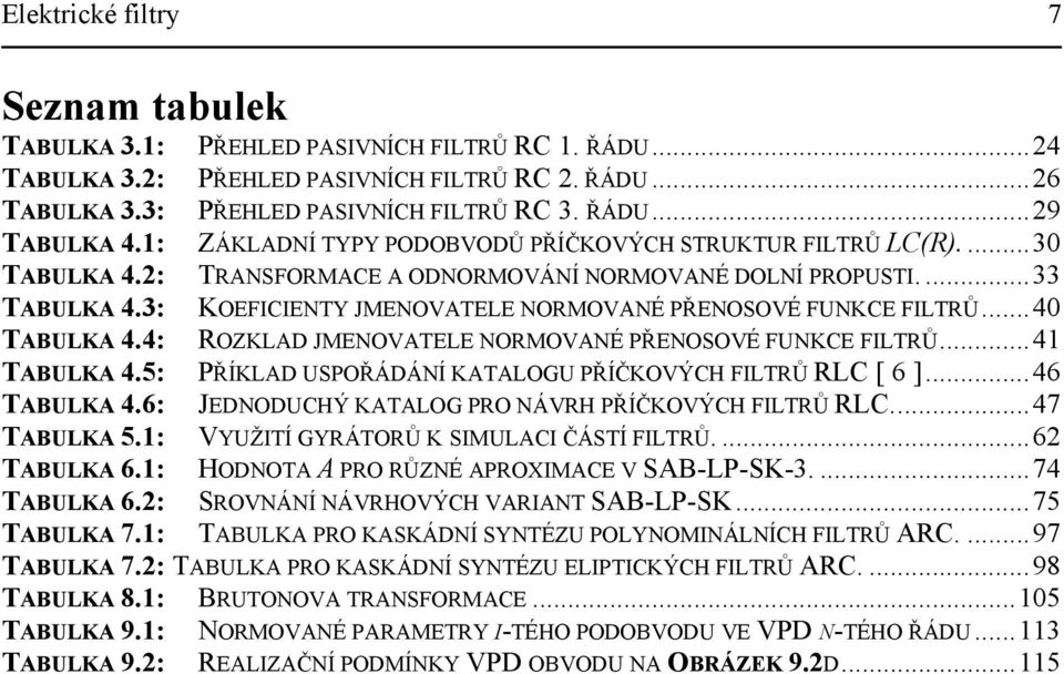 4: KOEFICIENTY JMENOVATELE NORMOVANÉ PŘENOSOVÉ FUNKCE FILTRŮ...4 ROZKLAD JMENOVATELE NORMOVANÉ PŘENOSOVÉ FUNKCE FILTRŮ...4 TABULKA 4.5: PŘÍKLAD USPOŘÁDÁNÍ KATALOGU PŘÍČKOVÝCH FILTRŮ RLC [ 6 ].