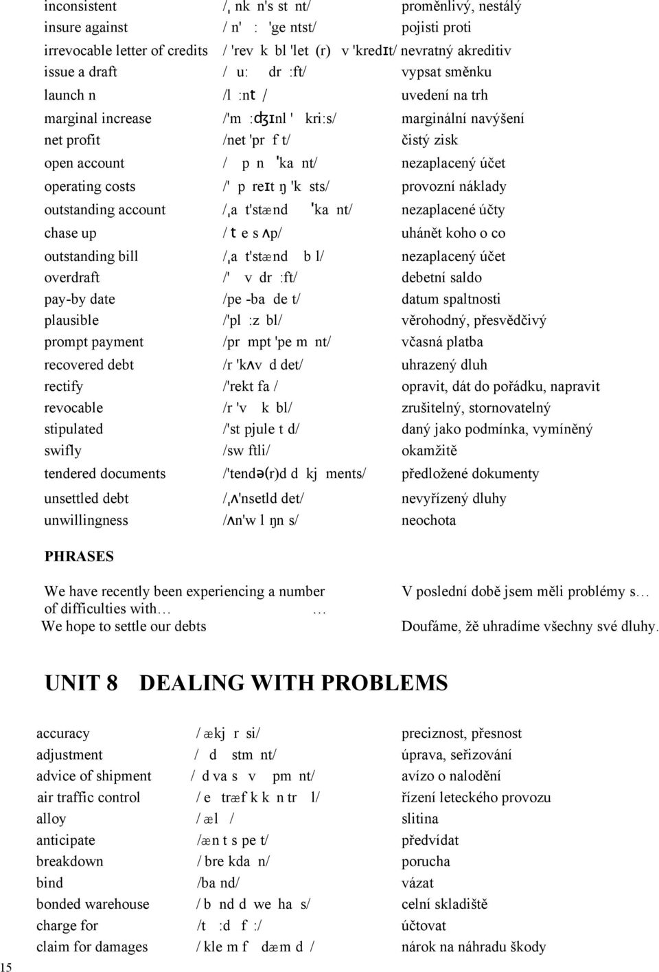 costs /' p reɪt ŋ 'k sts/ provozní náklady outstanding account /ˌa t'stænd 'ka nt/ nezaplacené účty chase up / t e s ʌp/ uhánět koho o co outstanding bill /ˌa t'stænd b l/ nezaplacený účet overdraft