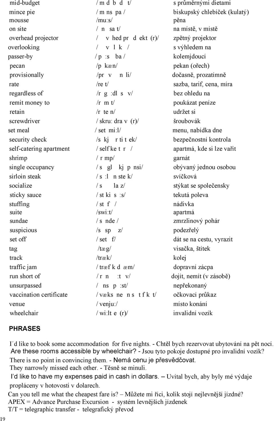 regardless of /r g :dl s v/ bez ohledu na remit money to /r m t/ poukázat peníze retain /r te n/ udržet si screwdriver / skru: dra v (r)/ šroubovák set meal / set mi:l/ menu, nabídka dne security