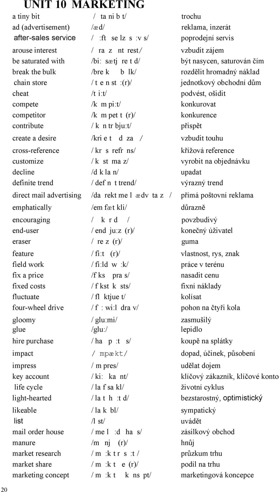 compete /k m pi:t/ konkurovat competitor /k m pet t (r)/ konkurence contribute / k n tr bju:t/ přispět create a desire /kri e t d za / vzbudit touhu cross-reference / kr s refr ns/ křížová reference