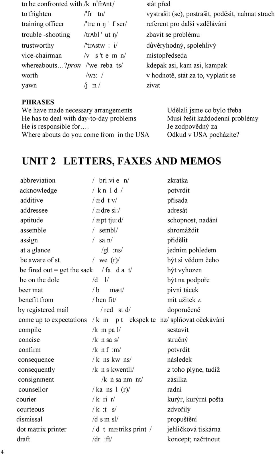 pron /'we reba ts/ kdepak asi, kam asi, kampak worth /wз: / v hodnotě, stát za to, vyplatit se yawn /j :n / zívat PHRASES We have made necessary arrangements He has to deal with day-to-day problems