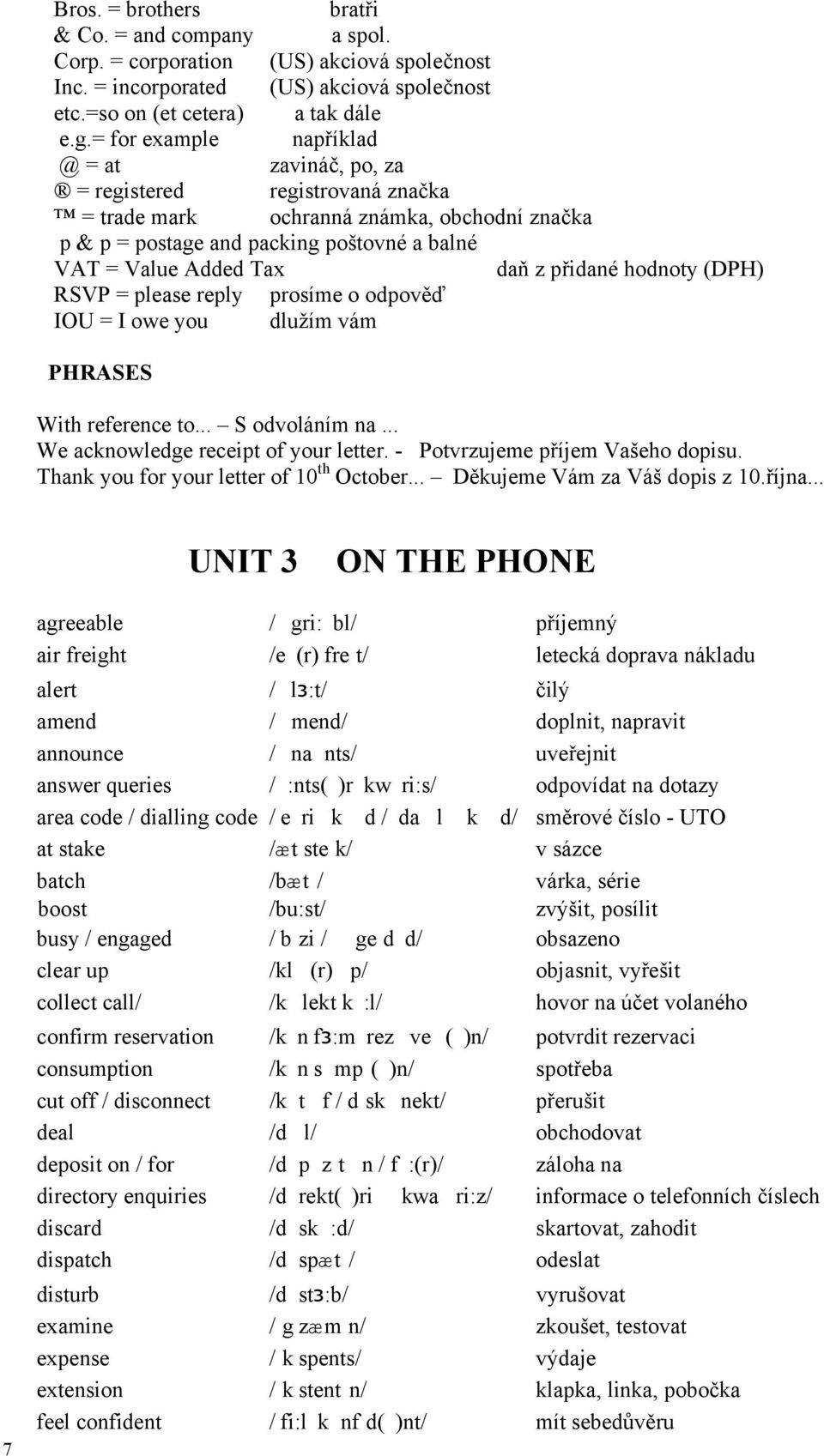 přidané hodnoty (DPH) RSVP = please reply prosíme o odpověď IOU = I owe you dlužím vám PHRASES With reference to... S odvoláním na... We acknowledge receipt of your letter.