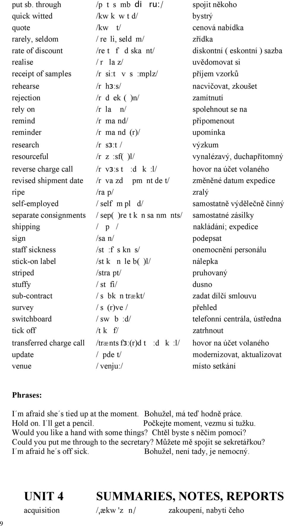 sazba realise / r la z/ uvědomovat si receipt of samples /r si:t v s :mplz/ příjem vzorků rehearse /r hз:s/ nacvičovat, zkoušet rejection /r d ek ( )n/ zamítnutí rely on /r la n/ spolehnout se na