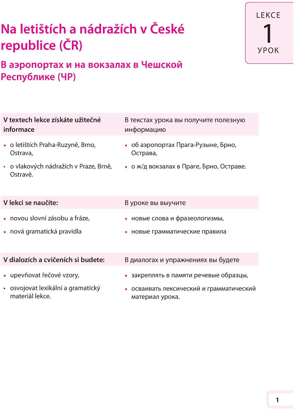 V lekci se naučíte: novou slovní zásobu a fráze, nová gramatická pravidla В уроке вы выучите новые слова и фразеологизмы, новые грамматические правила V dialozích a cvičeních si budete: