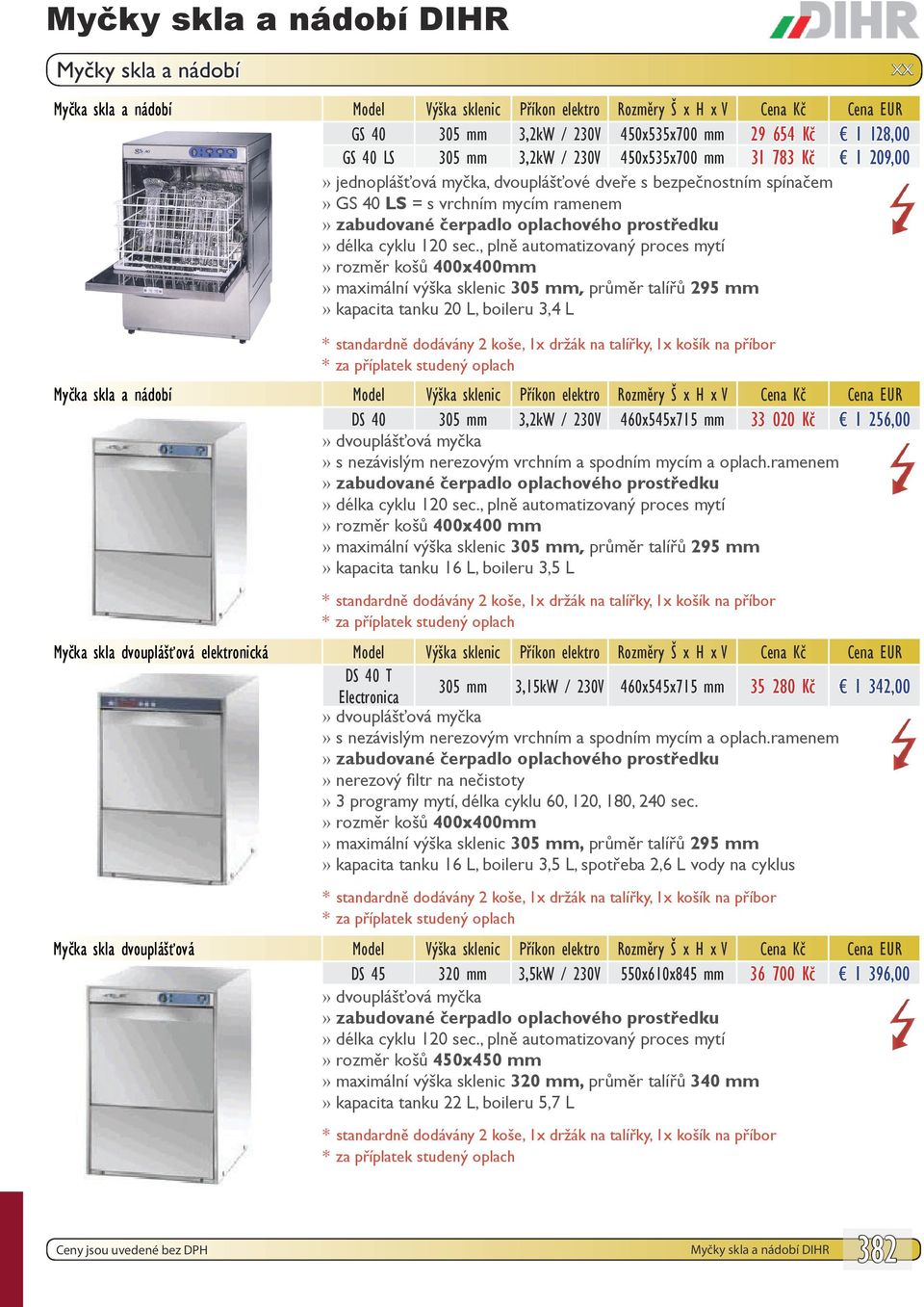 tanku 20 L, boileru 3,4 L Myčka skla a nádobí Model Výška sklenic Příkon elektro Rozměry Š x H x V Cena Kč Cena EUR DS 40 305 mm 3,2kW / 230V 460x545x715 mm 33 020 Kč 1 256,00 dvouplášťová myčka s