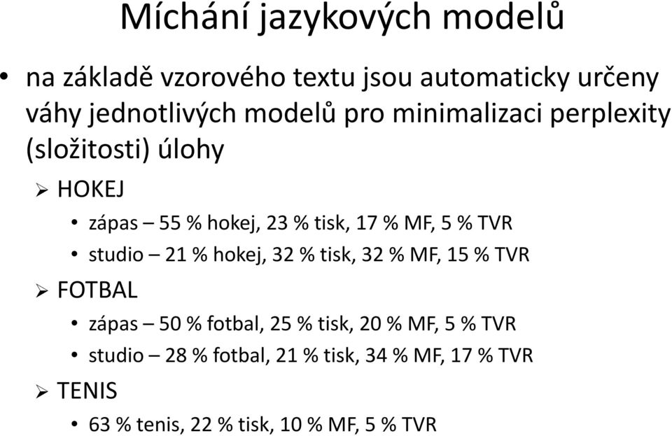 % TVR studio 21 % hokej, 32 % tisk, 32 % MF, 15 % TVR FOTBAL zápas 50 % fotbal, 25 % tisk, 20 % MF,