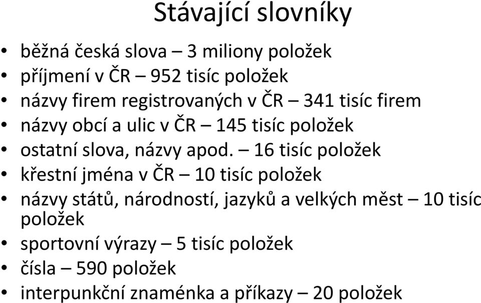 16 tisíc položek křestní jména v ČR 10 tisíc položek názvy států, národností, jazyků a velkých měst 10