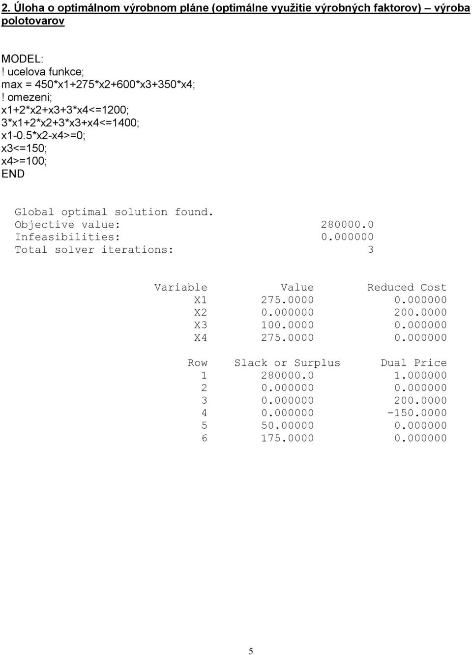 5*x2-x4>=0; x3<=150; x4>=100; Objective value: 280000.0 Total solver iterations: 3 X1 275.0000 0.000000 X2 0.