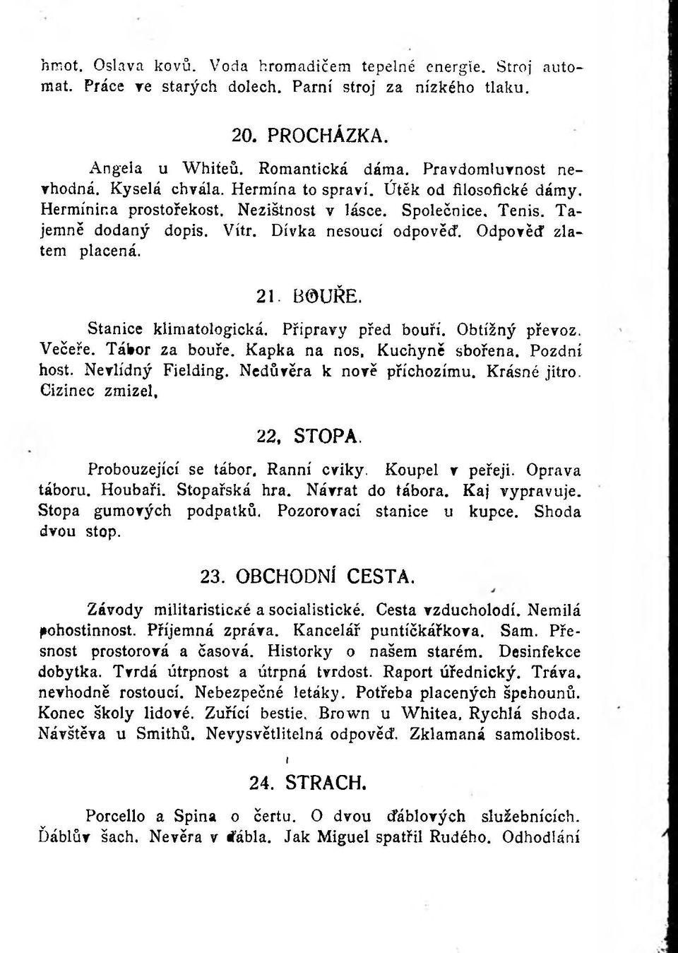 21. BOUŘE. Stanice klimatologická. Přípravy před bouří. Obtížný převoz. Večeře. Tábor za bouře. Kapka na nos. Kuchyně sbořena. Pozdní host. Nevlídný Fielding. Nedůvěra k nově příchozímu. Krásné jitro.