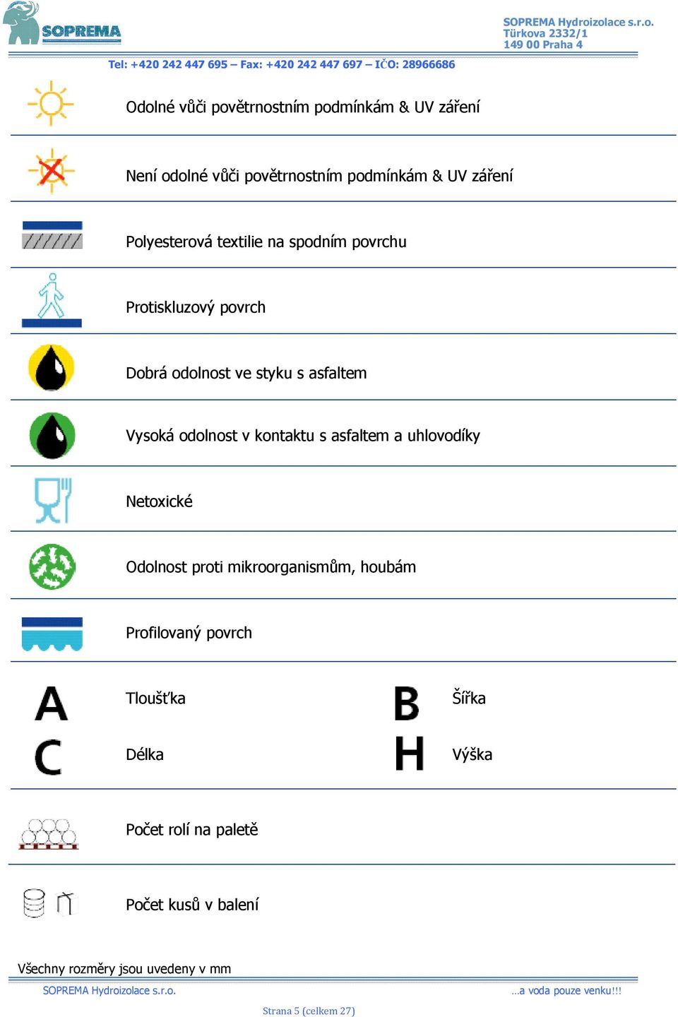 odolnost v kontaktu s asfaltem a uhlovodíky Netoxické Odolnost proti mikroorganismům, houbám Profilovaný