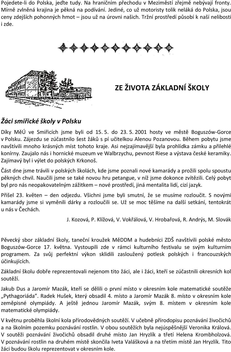 ZE ŽIVOTA ZÁKLADNÍ ŠKOLY Žáci smiřické školy v Polsku Díky MěÚ ve Smiřicích jsme byli od 15. 5. do 23. 5. 2001 hosty ve městě Boguszów-Gorce v Polsku.