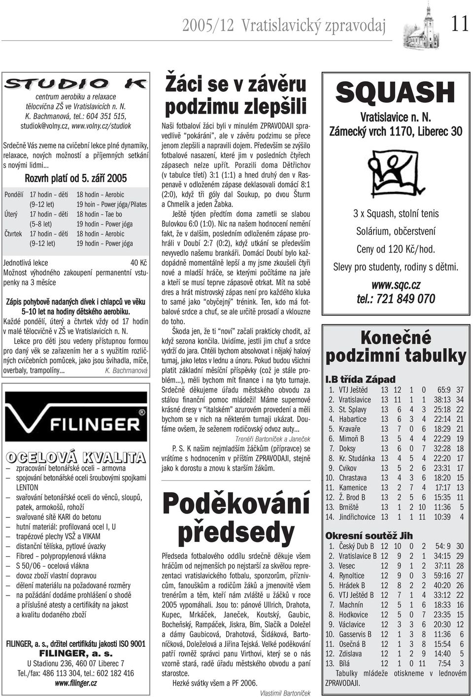 září 2005 Pondělí 17 hodin děti 18 hodin Aerobic (9 12 let) 19 hoin Power jóga/pilates Úterý 17 hodin děti 18 hodin Tae bo (5 8 let) 19 hodin Power jóga Čtvrtek 17 hodin děti 18 hodin Aerobic (9 12