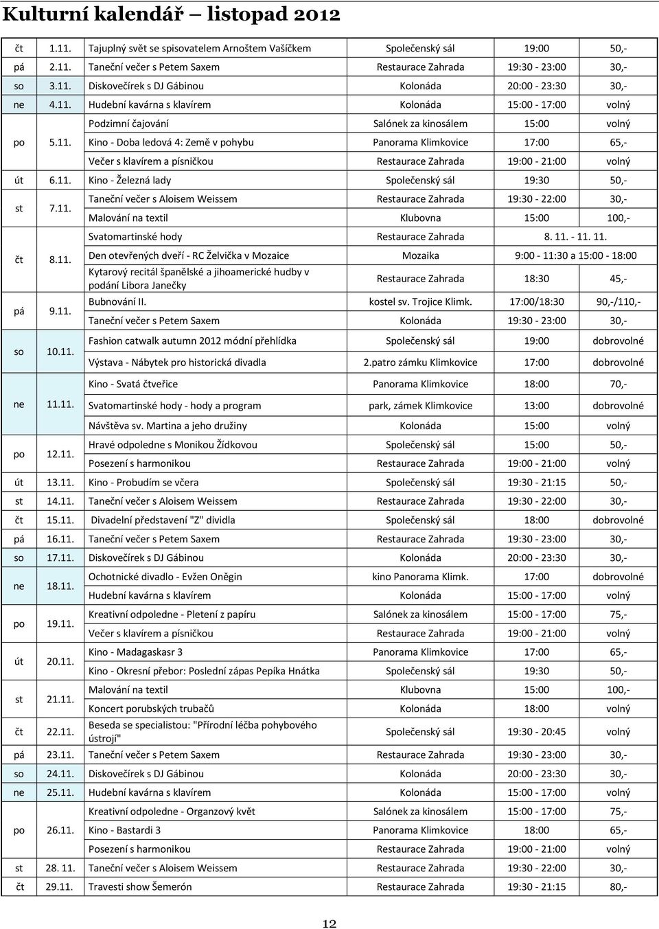 11. Kino - Železná lady Společenský sál 19:30 50,- st 7.11. čt 8.11. pá 9.11. Taneční večer s Aloisem Weissem Restaurace Zahrada 19:30-22:00 30,- Malování na textil Klubovna 15:00 100,- Svatomartinské hody Restaurace Zahrada 8.