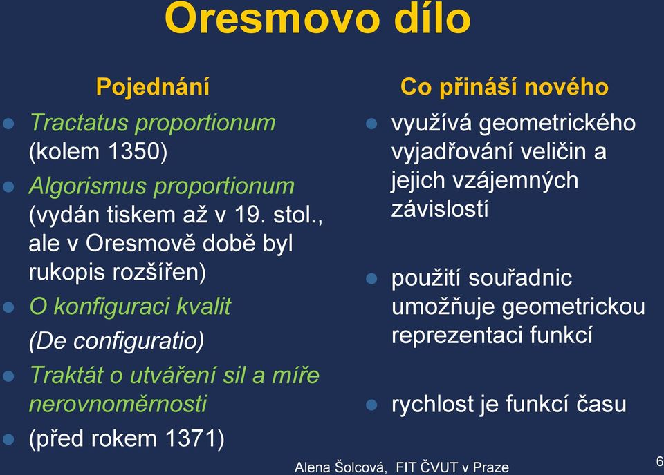 sil a míře nerovnoměrnosti (před rokem 1371) Co přináší nového využívá geometrického vyjadřování veličin a