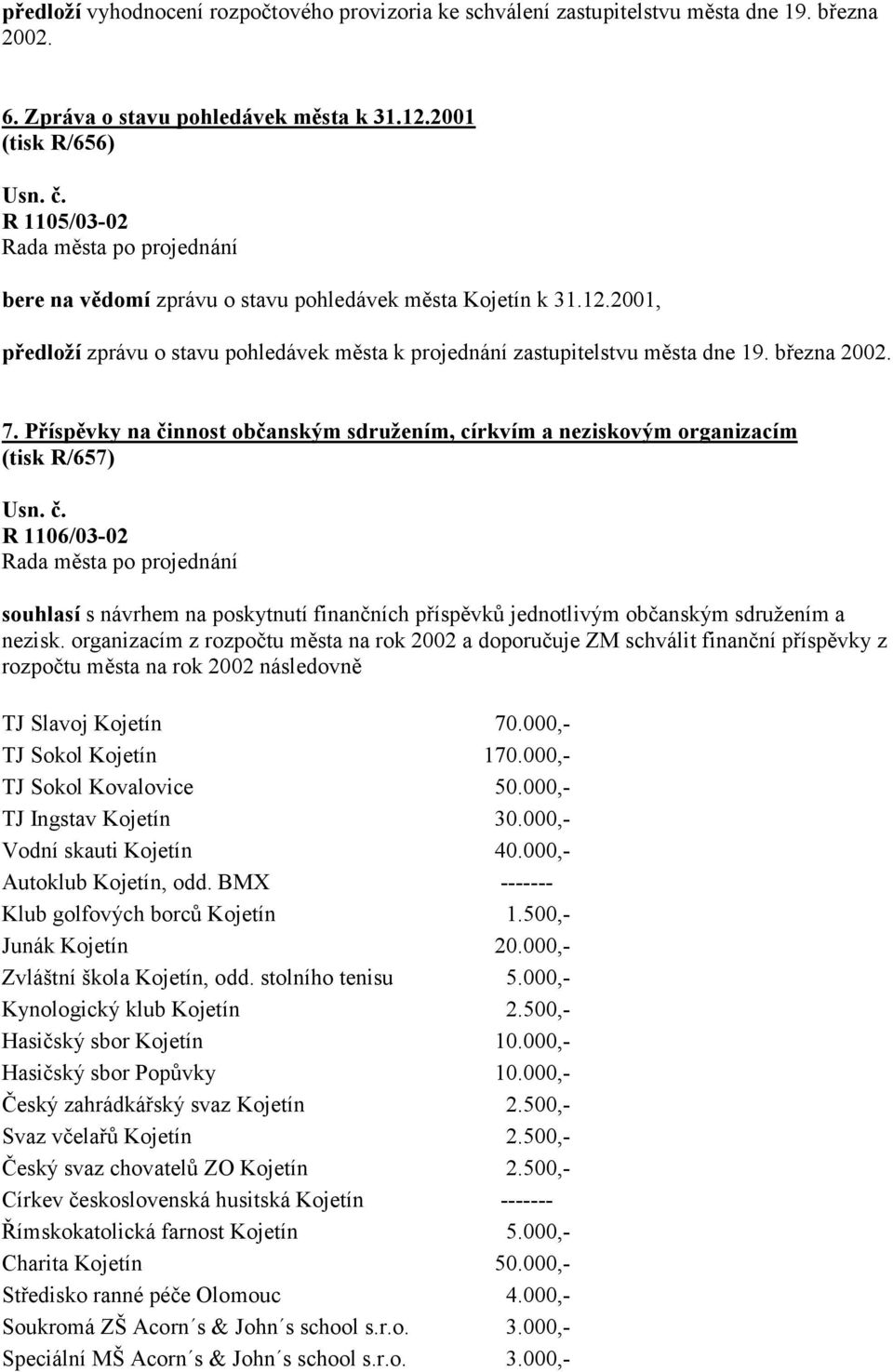 Příspěvky na činnost občanským sdružením, církvím a neziskovým organizacím (tisk R/657) R 1106/03-02 souhlasí s návrhem na poskytnutí finančních příspěvků jednotlivým občanským sdružením a nezisk.