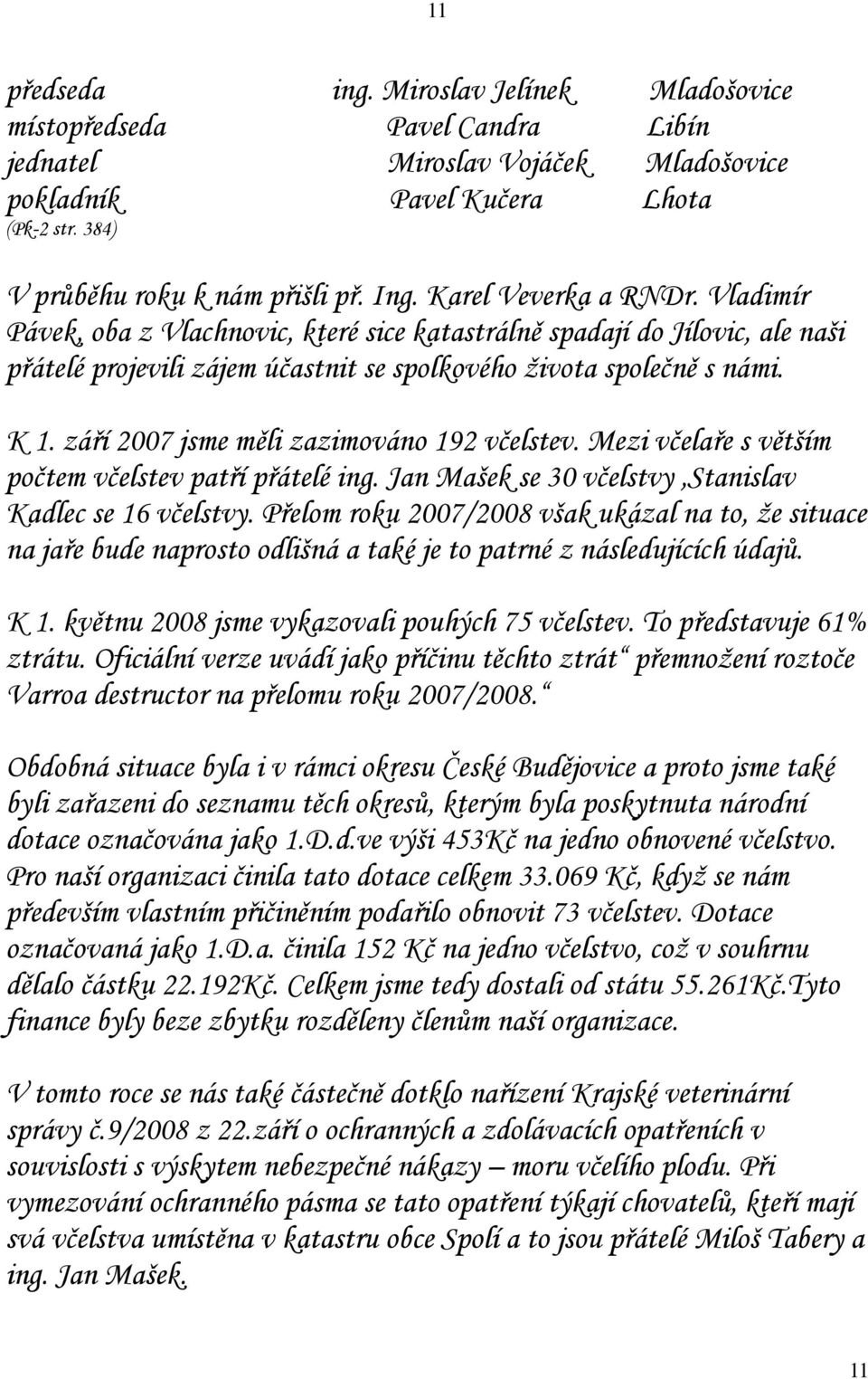 září 2007 jsme měli zazimováno 192 včelstev. Mezi včelaře s větším počtem včelstev patří přátelé ing. Jan Mašek se 30 včelstvy,stanislav Kadlec se 16 včelstvy.