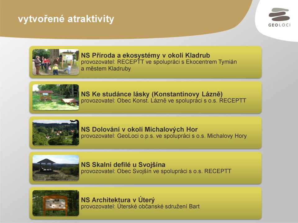 p.s. ve spolupráci s o.s. Michalovy Hory NS Skalní defilé u Svojšína provozovatel: Obec Svojšín ve spolupráci s o.s. RECEPTT NS Architektura v Úterý provozovatel: Úterské občanské sdružení Bart
