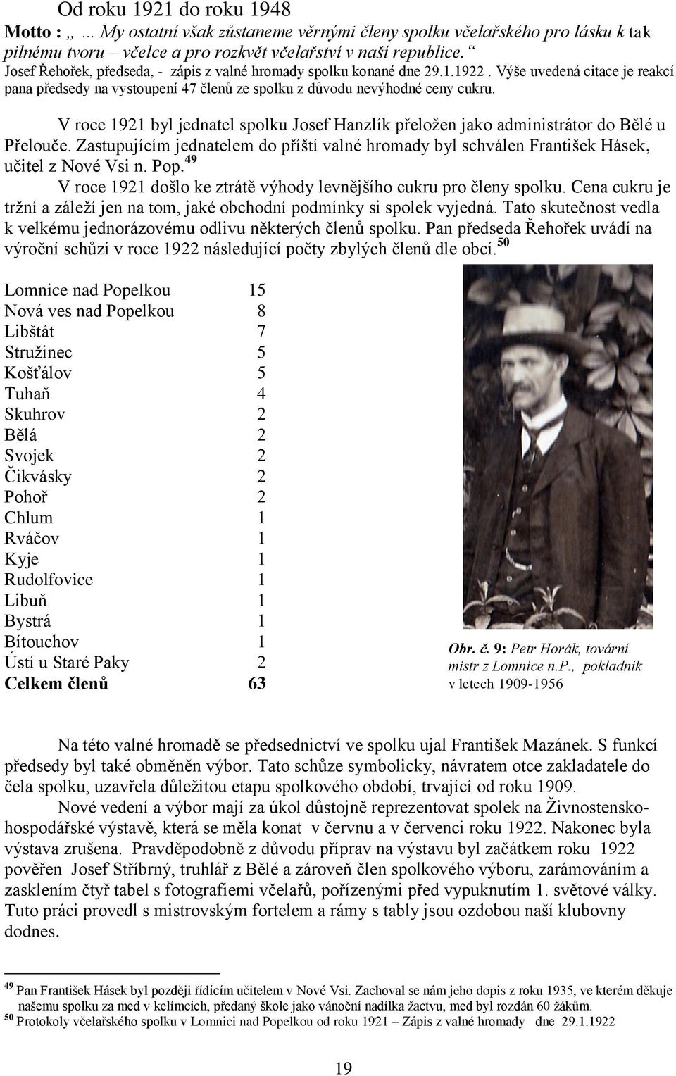 V roce 1921 byl jednatel spolku Josef Hanzlík přeložen jako administrátor do Bělé u Přelouče. Zastupujícím jednatelem do příští valné hromady byl schválen František Hásek, učitel z Nové Vsi n. Pop.