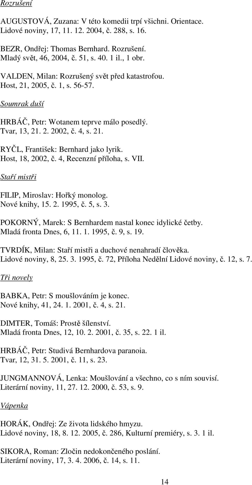 Host, 18, 2002, č. 4, Recenzní příloha, s. VII. Staří mistři FILIP, Miroslav: Hořký monolog. Nové knihy, 15. 2. 1995, č. 5, s. 3. POKORNÝ, Marek: S Bernhardem nastal konec idylické četby.