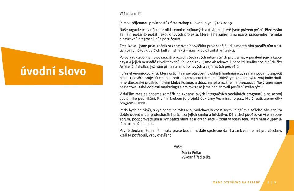 Zrealizovali jsme první ročník seznamovacího večírku pro dospělé lidi s mentálním postižením a autismem a několik dalších kulturních akcí například Charitativní aukci.