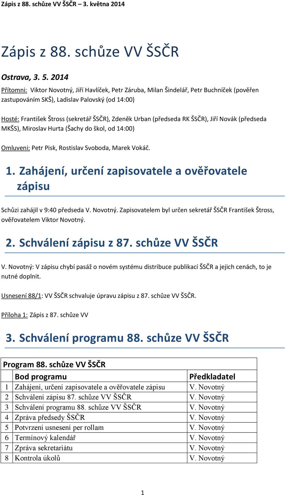 Urban (předseda RK ŠSČR), Jiří Novák (předseda MKŠS), Miroslav Hurta (Šachy do škol, od 14:00) Omluveni: Petr Pisk, Rostislav Svoboda, Marek Vokáč. 1. Zahájení, určení zapisovatele a ověřovatele zápisu Schůzi zahájil v 9:40 předseda V.