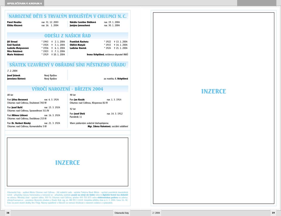 1. 2004 Oldřich Matyáš * 1915 14. 1. 2004 Ladislav Knotek * 1924 21. 1. 2004 Ivona Uchytilová, evidence obyvatel MěÚ SŇATEK UZAVŘENÝ V OBŘADNÍ SÍNI MĚSTKÉHO ÚŘADU 7. 2. 2004 Josef Jiránek Nový Bydžov Jaroslava Bártová Nový Bydžov za matriku: I.